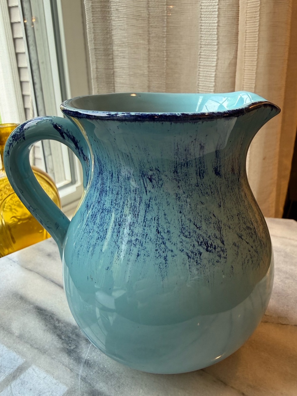 Italy Aqua Blue Ceramic Pitcher with Navy Accents, Handmade in Italy